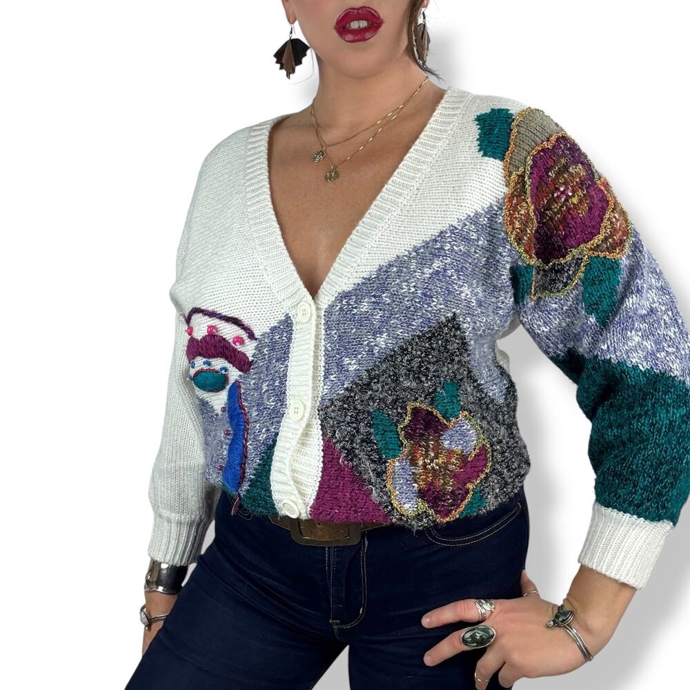 80's JACLYN SMITH funk knit cardigan sweater with metallic thread and beads - Picture 4 of 17